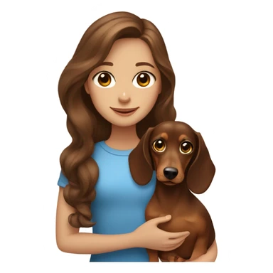 A girl with long wavy brown hair and blue eyes holds a small brown dachshund  sticker