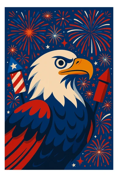 Add more fireworks in the background, keep the vibrant patriotic 4th of July style with bright and colorful fireworks enhancing the festive atmosphere. sticker