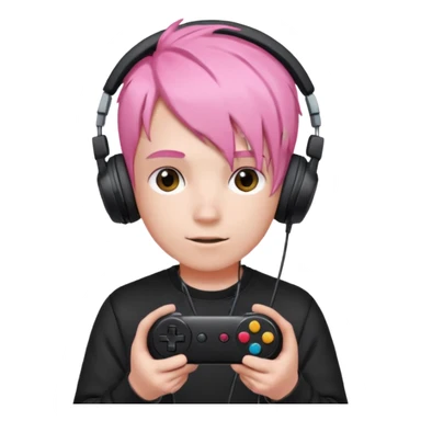 pink haired boy with headphones holding all black game controller sticker