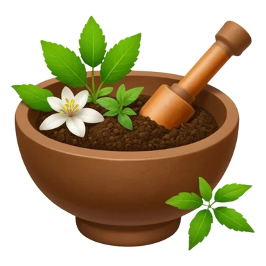 Ayurvedic medicine with mortar and leaves sticker