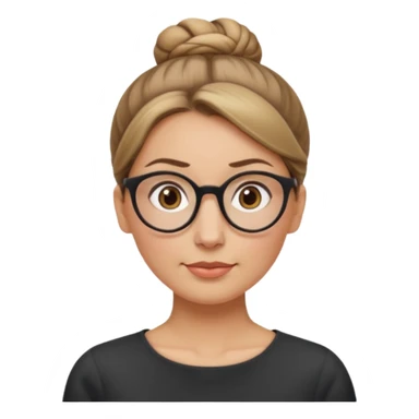 femme de 38 ans avec des cheveux tirés vers l'arrière blond foncé sans mèche devant, un chignon haut, yeux bruns, lunettes rondes, visage ovale sticker