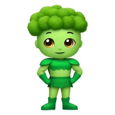 kawaii cute funny mini superhero with green clothes and a broccolis as hair,  full body saying hello sticker