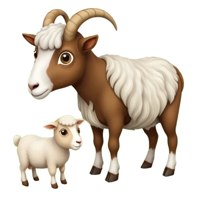Icon for Domestic Hooved Animals: A gentle collage featuring a brown goat with large, curious eyes, a calm sheep with soft wool and a horse with a flowing mane. Background with a green pasture and a few hay bales. Transparent background. sticker