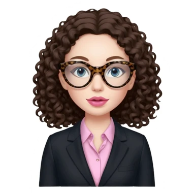 A girl with white pale skin, blue eyes, full lips, brunette long curly hair. She has a leopard print round-ish shaped glasses. She is wearing a all black suit with light pink blouse inside the suit. She is making a self care face mask  sticker