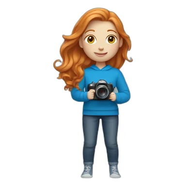 Ginger girl in blue pullover with camera sticker
