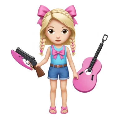 A girl who has a braid on one should and has a flipflop in one hand that has a bow while in the other hand she has a gun with a bow  sticker