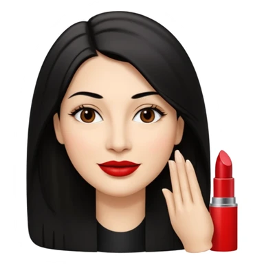 Mulher, 40 anos, pele: Morena clara, rosto: Oval, Cabelos: Lisos, longos, cor preta, repartidos para o lado direito, Olhos: Castanho-escuros, espaçamento normal, Nariz: Tamanho médio, ponte reta, narinas discretas, Boca: Lábios médios, bem definidos, com batom vermelho marcante e sorrindo  sticker