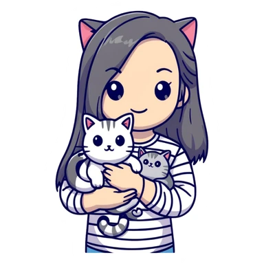 girl with long hair holding a cat with silver stripes sticker
