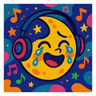 a moon listening to music and crying while smiling, whimsical style, colorful, playful, imaginative sticker