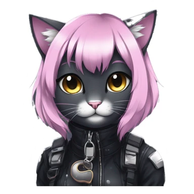 Gorgeous sparkly dark techwear anime style anthro cat with blushing face aesthetic and pretty edgy black with collar and harness trending style sticker
