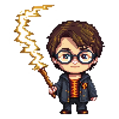 Harry Potter character with glasses and lightning bolt scar in pixel art style sticker