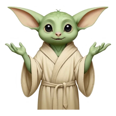 A small, green creature with large, pointy ears that extend outward. He has big, round, black eyes and a tiny nose. His skin is slightly wrinkled, especially on his forehead. He wears a loose, beige, high-collared robe with wide sleeves that cover most of his small body. His hands have three fingers, often shown reaching out. sticker