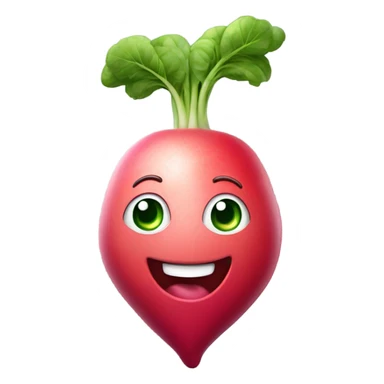 3d Smiling radish with big expressive eyes, rosy cheeks, and green leaves on top. Bright and cheerful cartoon style. sticker