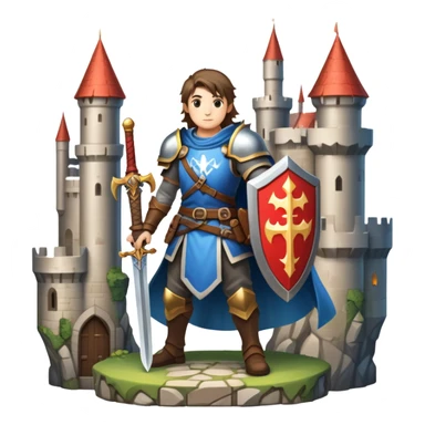 An icon symbolizing a RPG game, featuring a character holding a sword and shield, standing in front of a fantasy world with castles, dungeons and mythical creatures. The design emphasizes exploration, quests with elements like health bars and inventory icons. Transparent background sticker