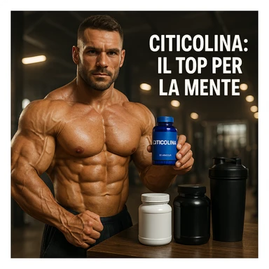 hyper realistic bodybuilder showing blue bottle of Citicolina next to supplements, defined muscles, text 'Citicolina: il top per la mente', gym environment, motivational atmosphere sticker