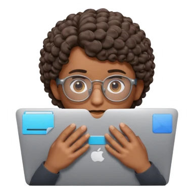 3D Apple Memoji–style emoji, brown-skinned male character, short curly hair, thick glasses, calm focused eyes, peeking over silver laptop, transparent PNG, 4K. sticker
