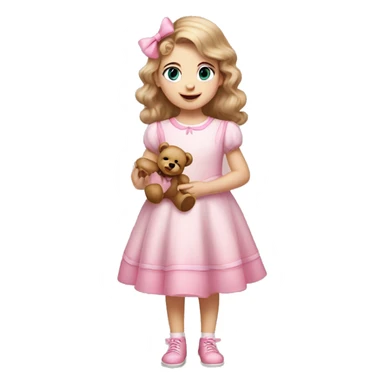 Little Girl with White skin, blue eyes. Light brown hair with pink bows in it.  She is wearing a pink and White dress, standing and holding on to a teddybear with a pink bows. sticker
