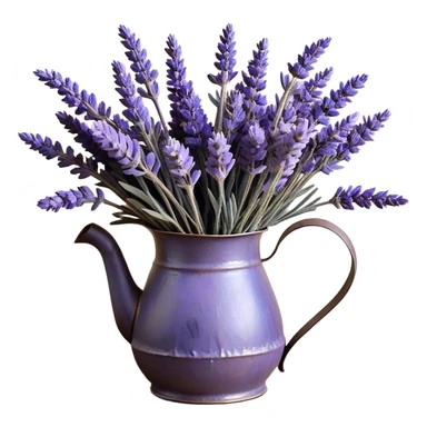 An overflowing bouquet of dried lavender, arranged in a weathered metal pitcher with a patina of age, displays a harmonious blend of dusky mauve, soft periwinkle, and rich indigo hues. A frayed velvet ribbon in deep violet wraps loosely around the handle, as stray lavender stems spill over the edge, filling the air with their soothing fragrance.
 sticker