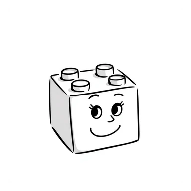 A hand-drawn red Lego-style brick with a silly cute expression sticker