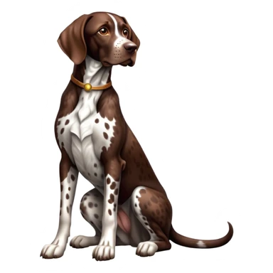 cinematic-[german pointer]-realistic-full-body-sitting-emoji,-tail-resting-loosely-beside-its-paws,-head-tilted-dramatically,-sleek-[brown and white spotted]-fur,-simplified-yet-realistic-focused-features,-highly-detailed,-glowing-with-an-almost-sarcastic-glow sticker
