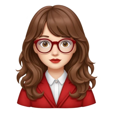 White skin Girl with brown long wavy hair with curtain bangs and brown glasses wearing red sticker