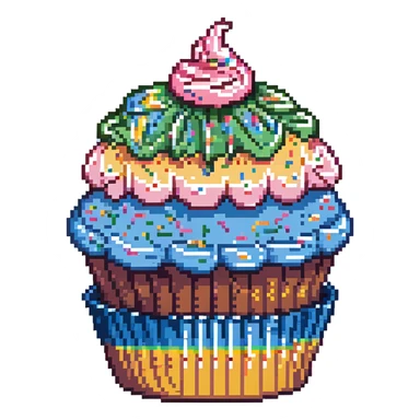 large cupcake with pink frosting, rainbow sprinkles, blue cupcake wrapper, pixel art style sticker