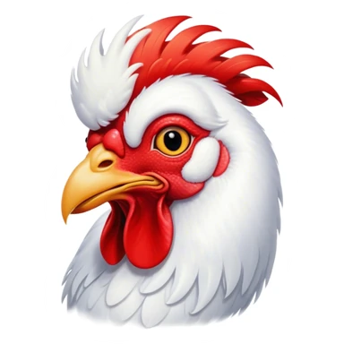 Cinematic Cute White Rooster Portrait Emoji, Head tilted playfully and inquisitively, featuring a glossy, immaculate white plumage with a vibrant red comb, round, sparkling eyes filled with curiosity, Simplified yet irresistibly adorable features, highly detailed, glowing with a warm, friendly glow, high shine, affectionate and spirited, stylized with a touch of farmyard whimsy, bright and endearing, soft glowing outline, capturing the essence of a mischievous yet loving rooster, so playful it feels like it could strut out of the screen and into your arms! sticker