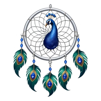 a Silver Dreamcatcher with sapphire-stones and emerald-stones, and with peacock-feathers. Big sapphire gem in the middle. Many tiny emeral gems around it.   sticker
