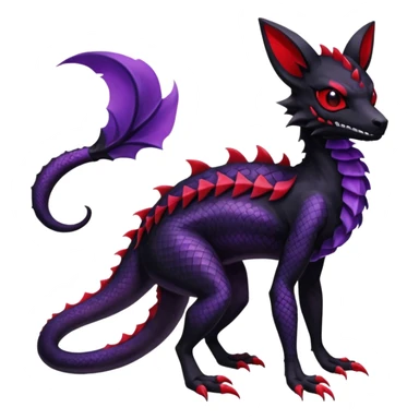 Gothic Black red purple Scaley Exotic Salandit-Umbreon-Noibat-Fakémon-hybrid-creature (full body), 4 legs, skull face mask sticker