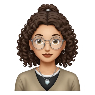 chica morena de ojos claros con gafas exagonales redondeadas. y pelo rizado castaño con todo el pelo recogido en una coleta . y un collar de plata sticker