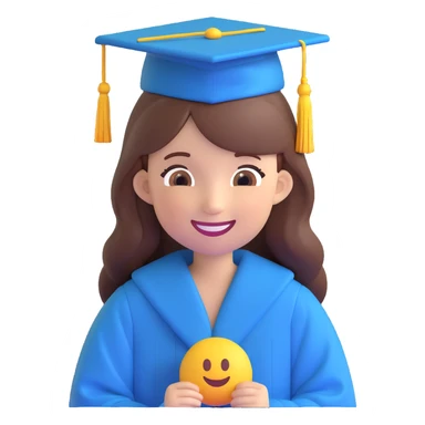 girl with long brown hair in graduation clothes with hat and robe smiling, emoji style sticker