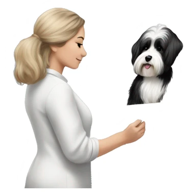 female artist painting a painting of black+white havanese on easel sticker