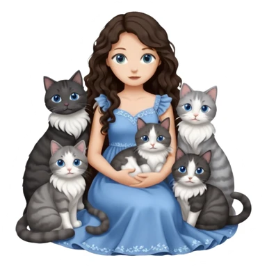 detailed realistic looking a dark grey and white cat regally sitting with six other cats, cuddling with their owner who is a pretty bratz lightly tanned white girl with long dark brown hair, blue eyes and gorgeous long wavy hair wearing a pretty detailed dress sticker