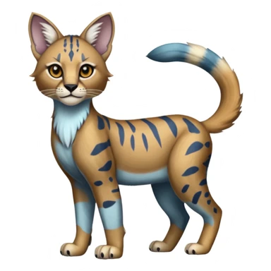 Realistic patterned marked edgy cute cool bluish greyish blackish whitish silvery Shiny Colorful Dusky Dark Glossy Genet-Caracal-Lion-Bobcat-fusion-animal-hybrid-creature, full body, tufted ears, long thin tufted tail sticker