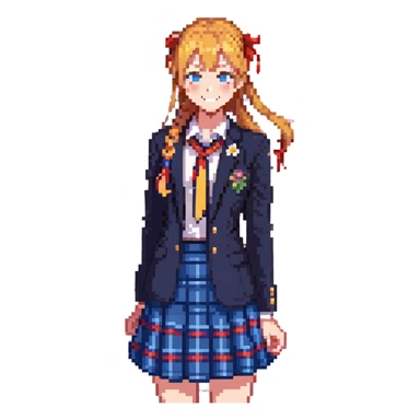 cheerful high school girl with orange side ponytail and yellow ribbon, blue eyes, navy blazer, red ribbon, blue plaid skirt, standing in a school courtyard with cherry blossoms, spring breeze, energetic smile sticker