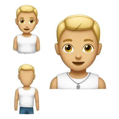 Boy with a buzz cut (blonde) and with a white t-shirt wearing a chain sticker