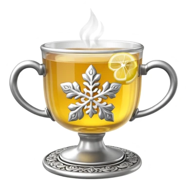 3D emoji of a traditional
Russian tea glass in an ornate silver metal holder (podstakannik). Hot tea with a lemon slice, visible steam forming a small snowflake shape. High-end glossy 3D
 sticker