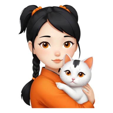 East Asian girl with high ponytail black hair hugging a predominantly white cat with orange patches, sweet and gentle, cute facial expressions sticker