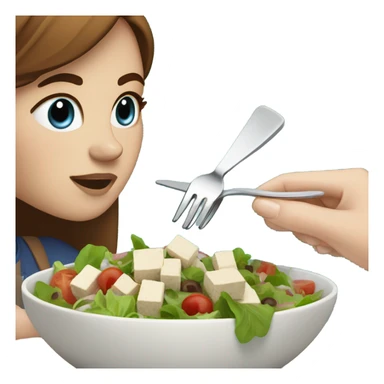 White girl with freackles Brown hair blue eyes eating Tofu salad with fork sticker