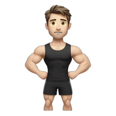 Confused Pale skinned Fit Man With the biceps and dark brown hair in black shirt, gray sports shorts and white Sneakers sticker
