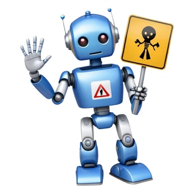 friendly robot with a helping hand and a warning sign representing an AI agent for reporting child abuse sticker