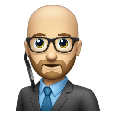 questioning business analyst on a call bald with beard with blue eyes and glasses with a phone sticker