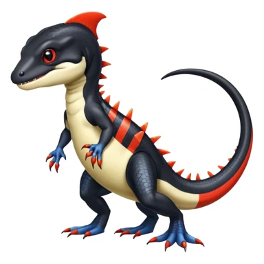 Black and white Orca-reptile-reptilian-lizard-skink-gecko-Digimon-Fakémon-hybrid full body, two legs, two arms, claws, tail, with red stripe sticker