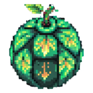 Green digital bomb animation frame 3, round bomb body with green highlights, very short leaf-shaped fuse at top, brighter green glow, nature-inspired design, pixel art style sticker