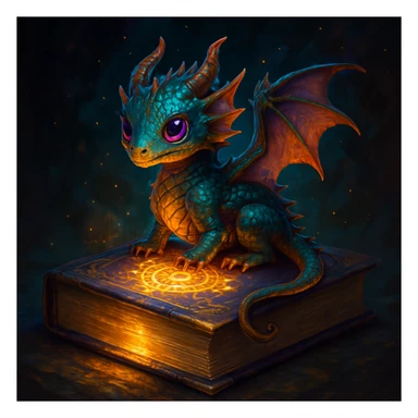 tiny magical dragon perched on a glowing spellbook, fantasy style, enchanting and detailed sticker