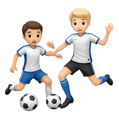 two children playing soccer, one kicking the ball, happy and playful sticker