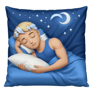 “A young muscular male with short dark-blonde hair and medium-light skin, wearing blue cloth. He sleeps on his side, holding a soft white pillow, his head on a smooth blue pillow. A sleeping symbol floats above him in the dark, nighttime scene. A flowing blue blanket with silky folds covers him. sticker