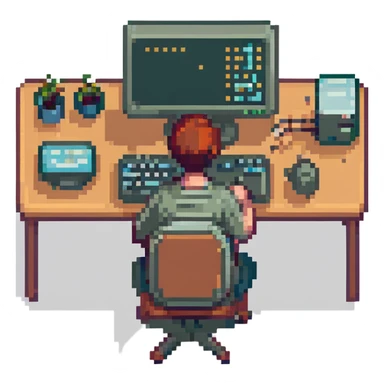 person programming on a desktop computer, pixel art style sticker