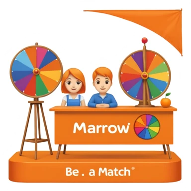 emoji of a recruitment booth. Two cartoon figures stand behind an orange table with 'MARROW, be a match' branding, a colorful spinning wheel, and a branded vertical banner. Simplified and cute. There should not be fruit in the picture.  sticker
