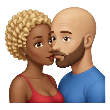bald head man with brown eyes and beard kissing African woman with blue eyes and curly blonde hair sticker